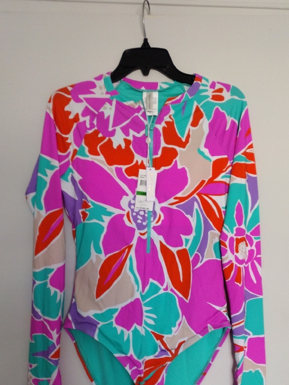 Trina Turk Floral Long-Sleeve Zip-Front Bodysuit in Teal, Pink & Red